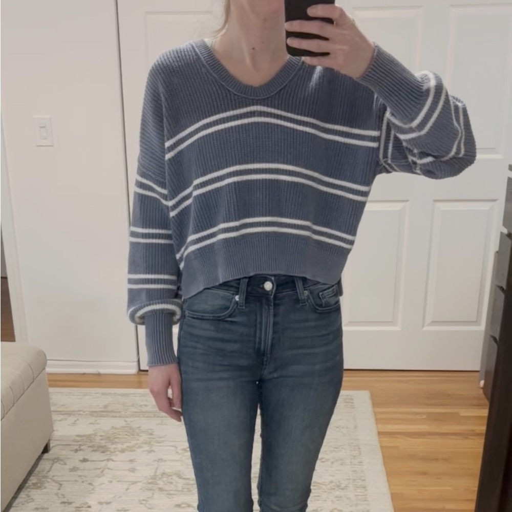 Aerie Blue & White Stripe Rib Knit Cropped Sweater Size XS